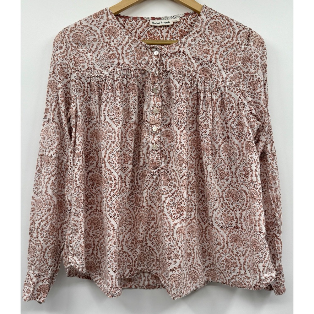 Roller Rabbit Print Peasant Cotton Blouse Women M Boho Top Cottagecore Hippie